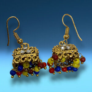 Vintage Y2K Gold Tone Multicolor Bead Pierced Dangle Earrings Jhumka Bohemian